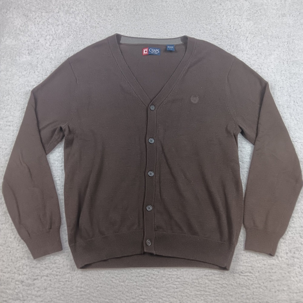 Chaps Cardigan Sweater Mens Large Brown Cotton V-Neck Button Front 08587